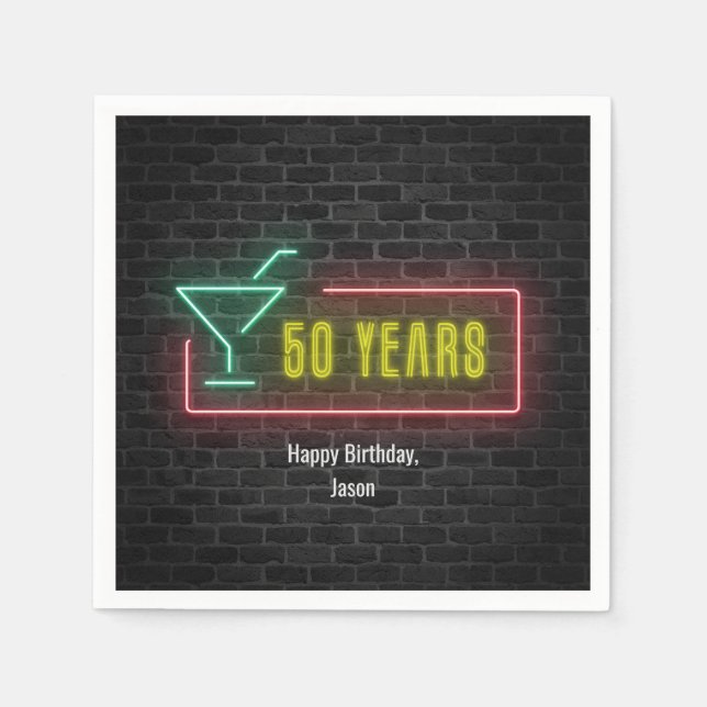 50th birthday Neon Sign on brick wall Napkin (Front)
