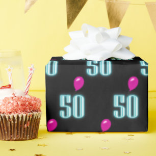 50th Birthday Neon with Balloon  Wrapping Paper