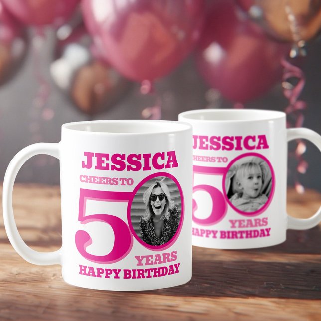50th Birthday now and then photo name pink text Coffee Mug (Creator Uploaded)