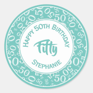 50th Birthday Number 50 Pattern Teal and White Classic Round Sticker