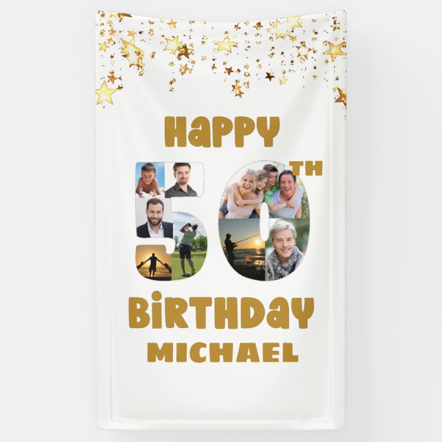 50th Birthday Number 50 Photo Collage 8 Pictures Banner (Vertical)