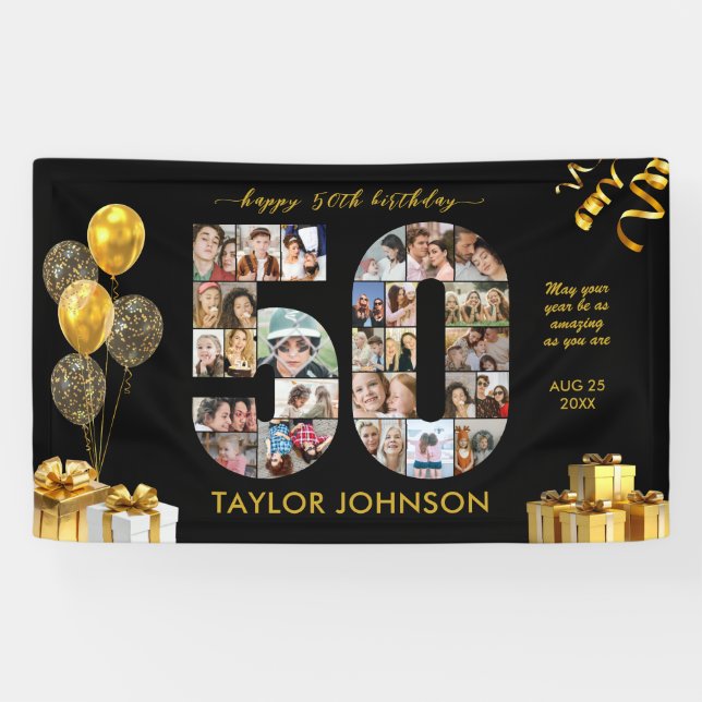50th Birthday Number 50 Photo Collage Black Gold Banner (Horizontal)
