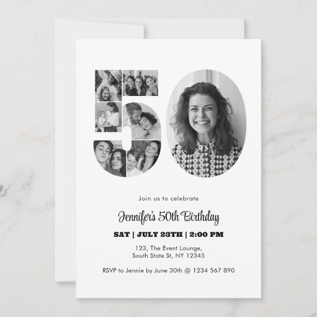 50th Birthday Number 50 Photo Collage Black White Invitation (Front)