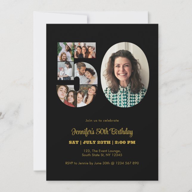 50th Birthday Number 50 Photo Collage Modern Black Invitation (Front)