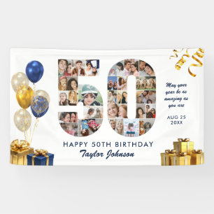 50th Birthday Number 50 Photo Collage White Gold Banner