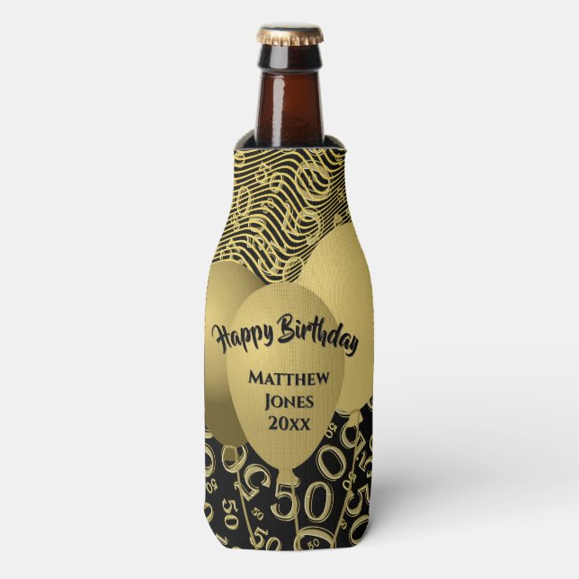 50th Birthday Number Pattern Gold/Black Bottle Cooler (Bottle Front)