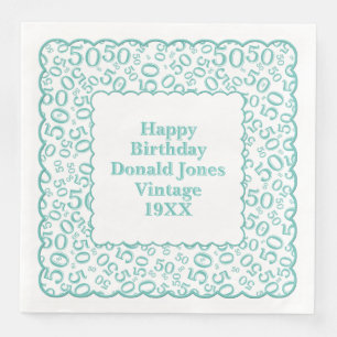 50th Birthday Number Pattern Scallops Teal/White Napkin