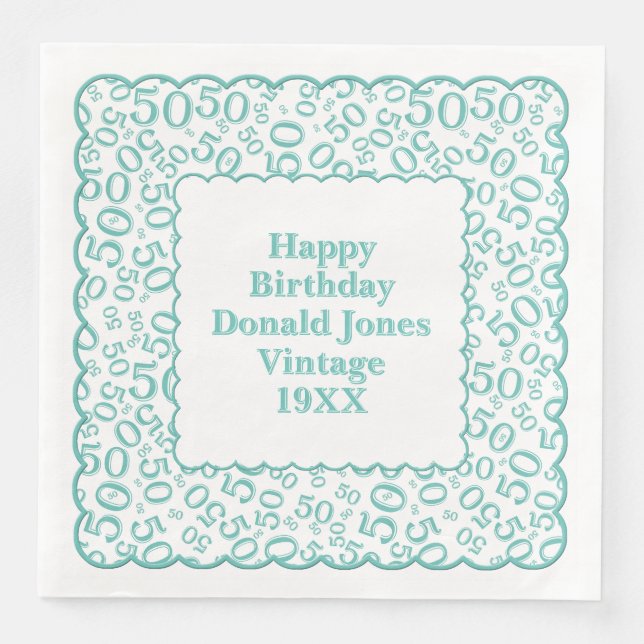 50th Birthday Number Pattern Scallops Teal/White Napkin (Front)