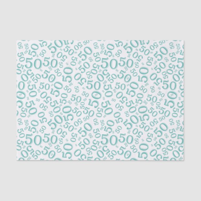 50th Birthday Number Pattern Teal and White Tissue Paper (Front)
