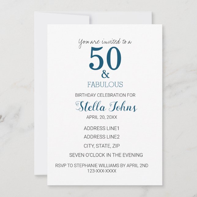 50th Birthday Ocean Blue Minimal Elegant Fifty Invitation (Front)