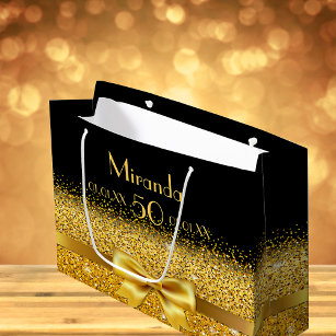 50th birthday on black with gold bow sparkle large gift bag