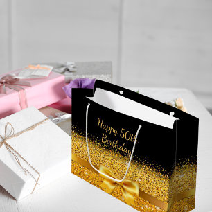 50th birthday on black with gold bow sparkle large gift bag