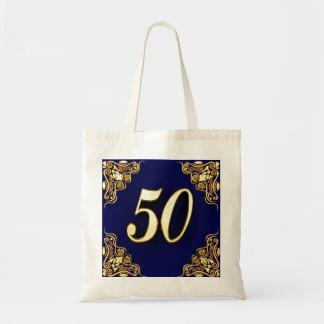 50th Birthday or Anniversary Regal Gold and Blue Tote Bag (Front)
