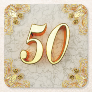 50th Birthday or Anniversary Regal Gold and Marble Square Paper Coaster
