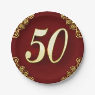 50th Birthday or Anniversary Regal Gold and Red Paper Plate