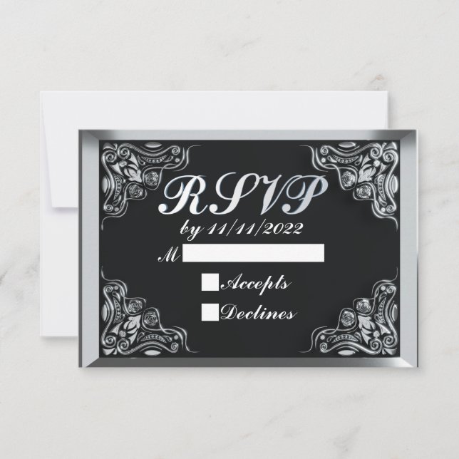 50th Birthday or Anniversary Regal Silver Black RSVP Card (Front)