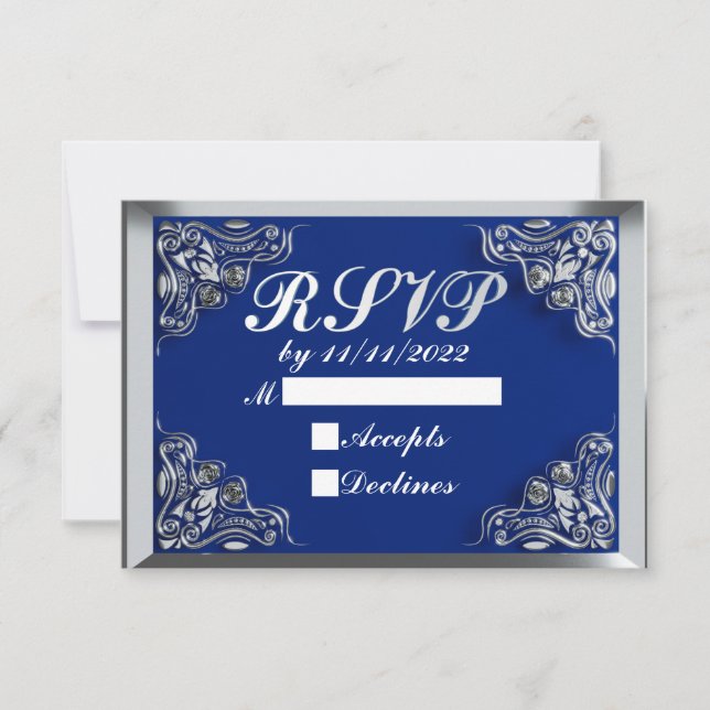 50th Birthday or Anniversary Regal Silver Blue RSVP Card (Front)