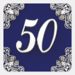 50th Birthday or Anniversary Regal Silver Blue Square Sticker