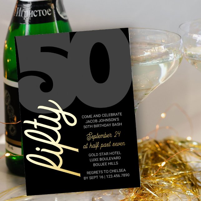 50th Birthday Oversized Fifty Script Black Gold (50th Birthday Invitation in black and luxury gold foil with oversized fifty in classy script)