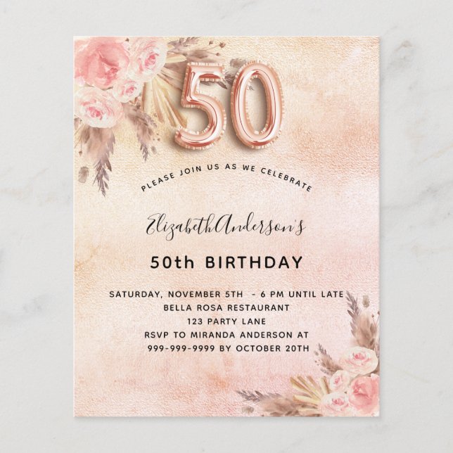 50th birthday pampas grass rose budget invitation flyer (Front)
