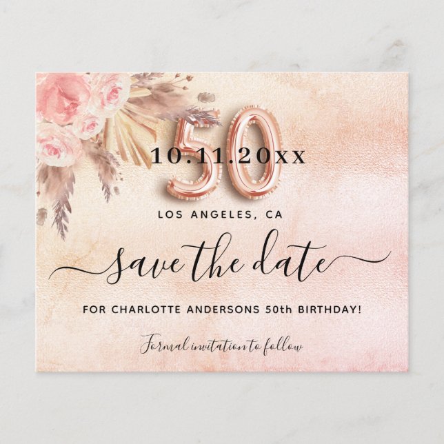 50th birthday pampas rose budget save the date flyer (Front)