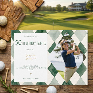 50th Birthday Par-Tee Watercolor Argyle Golf Green Invitation