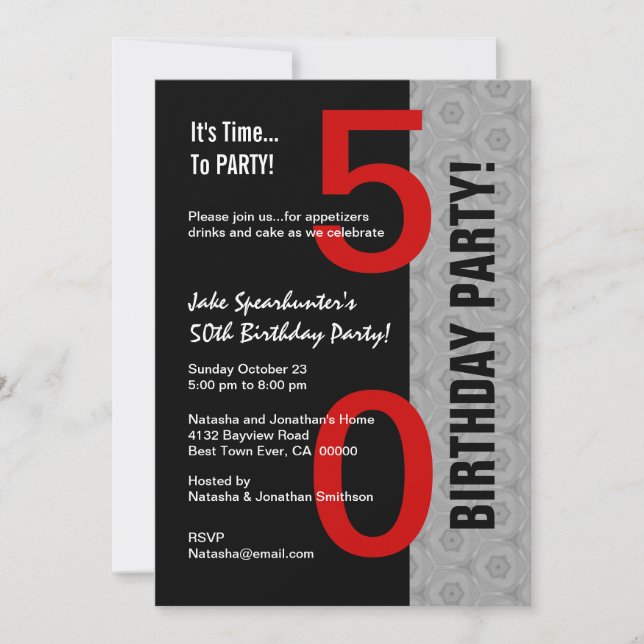 50th Birthday Part Modern Red Silver Black W1792A Invitation (Front)