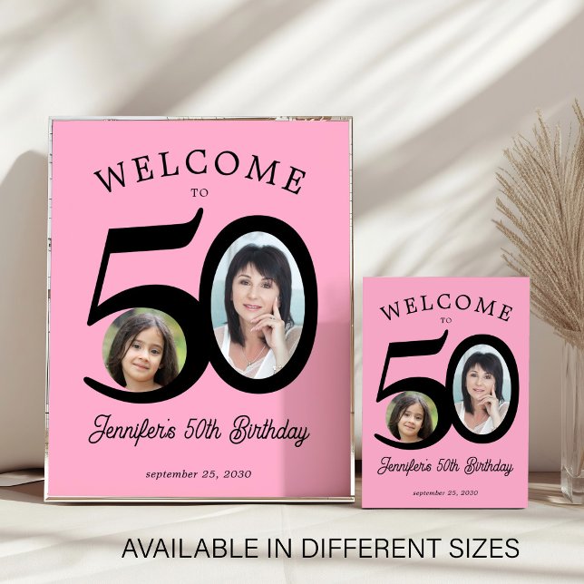 50th birthday party 2 photo black pink welcome poster (Creator Uploaded)