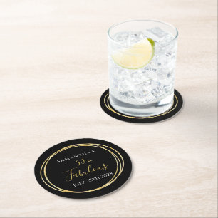 50th Birthday Party 50 and Fabulous Black Gold Round Paper Coaster