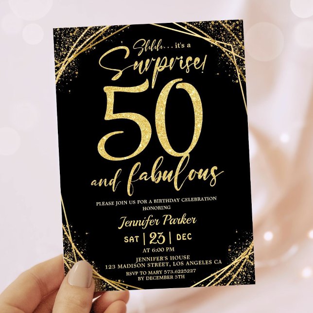50th Birthday Party 50 Fabulous Black Gold Glitter Invitation (Creator Uploaded)