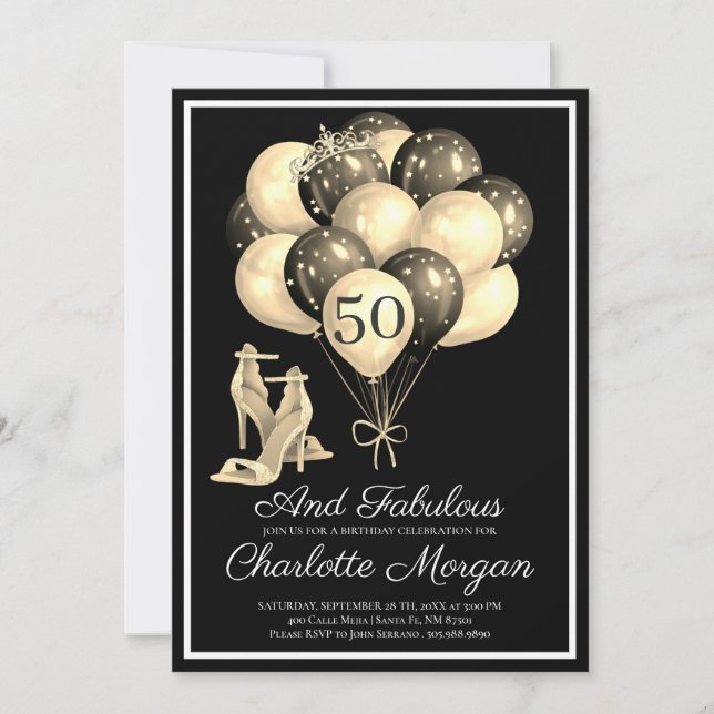 50th Birthday Party 50 Fabulous Black White Invitation (Front)