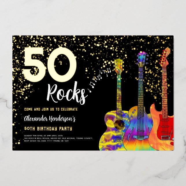 50th Birthday Party 50 Rocks Guitar Gold Glitter (Front)