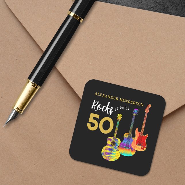 50th birthday party 50 rocks Guitar Square Sticker (Rock and roll 50th birthday party sticker colorful funky guitars & gold rocks 50 typography )