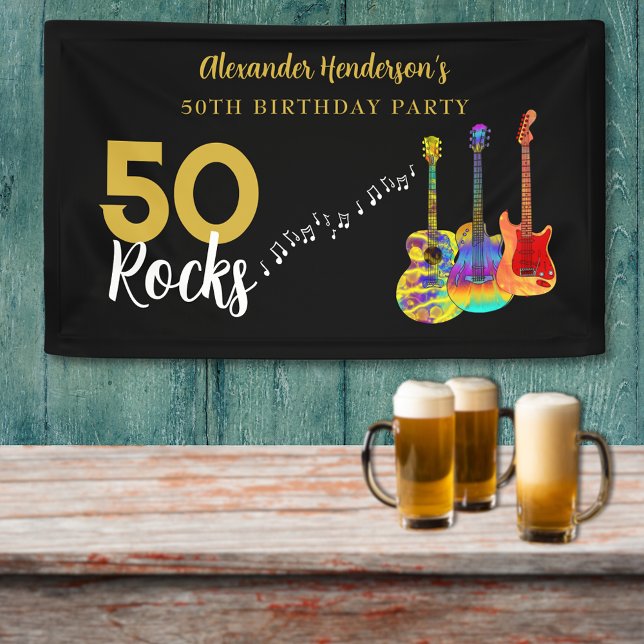 50th Birthday Party 50 Rocks Personalised Banner (Rock and roll 50 rocks birthday party banner black and gold and colorful guitar music theme)