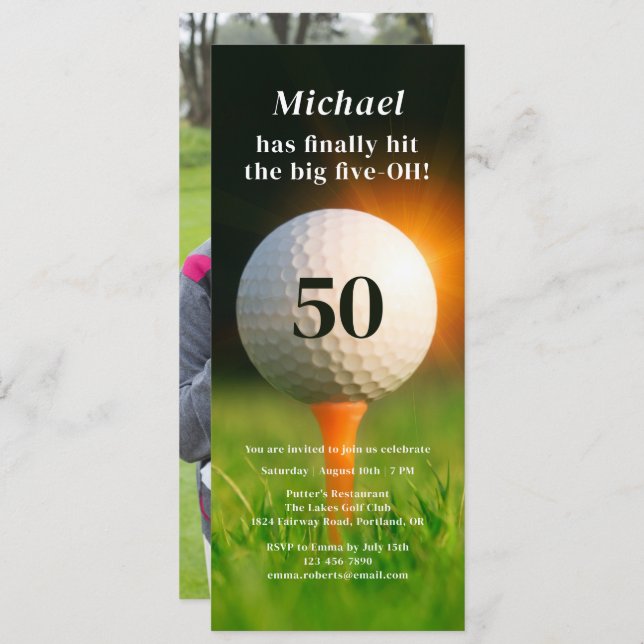 50th Birthday Party Adult Golf Fifty Photo QR Code Invitation (Front/Back)