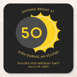 50th Birthday Party and Solar Eclipse 2025 Square Paper Coaster