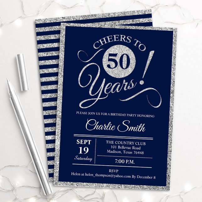 50th Birthday Party - ANY AGE Navy Silver Invitation (Creator Uploaded)