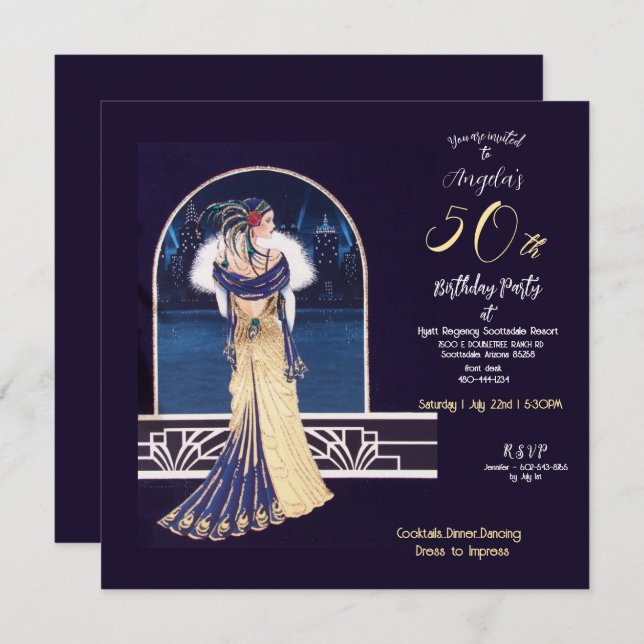 50th Birthday Party Art Deco Design Invitation (Front/Back)
