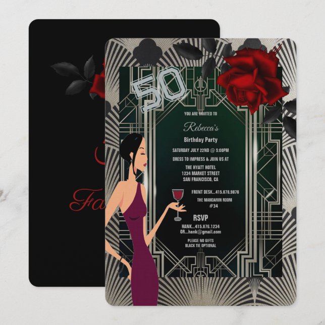 50th Birthday Party Art Deco Gatsby Elegant  Invitation (Front/Back)