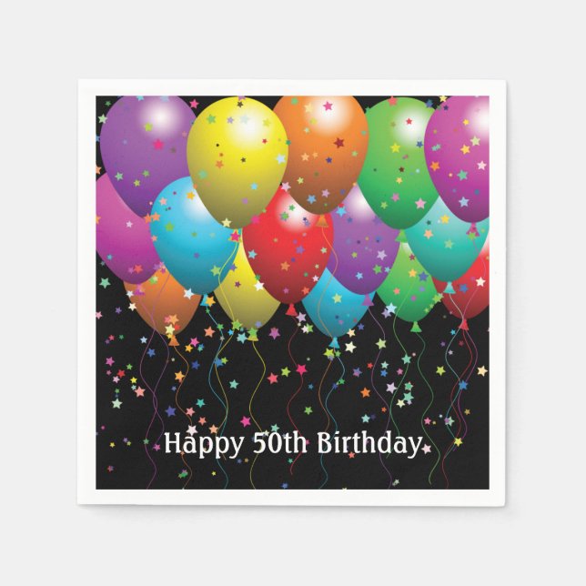 50th Birthday Party Balloons on black Napkin (Front)
