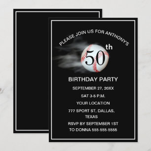 50th Birthday Party Baseball Black Dad Sport  Invitation