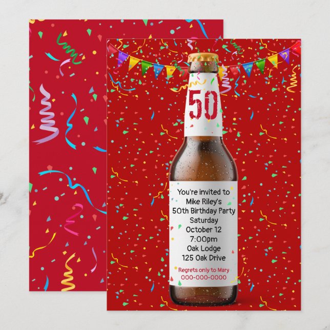 50th Birthday Party Beer Bottle On Red Card (Front/Back)