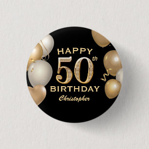50th Birthday Party Black and Gold Balloons 3 Cm Round Badge