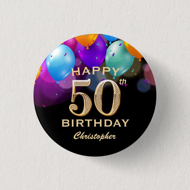 50th Birthday Party Black and Gold Balloons 3 Cm Round Badge (Front)