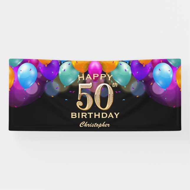 50th Birthday Party Black and Gold Balloons Banner (Horizontal)