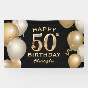 50th Birthday Party Black and Gold Balloons Banner
