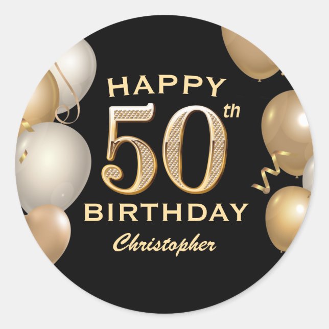 50th Birthday Party Black and Gold Balloons Classic Round Sticker (Front)