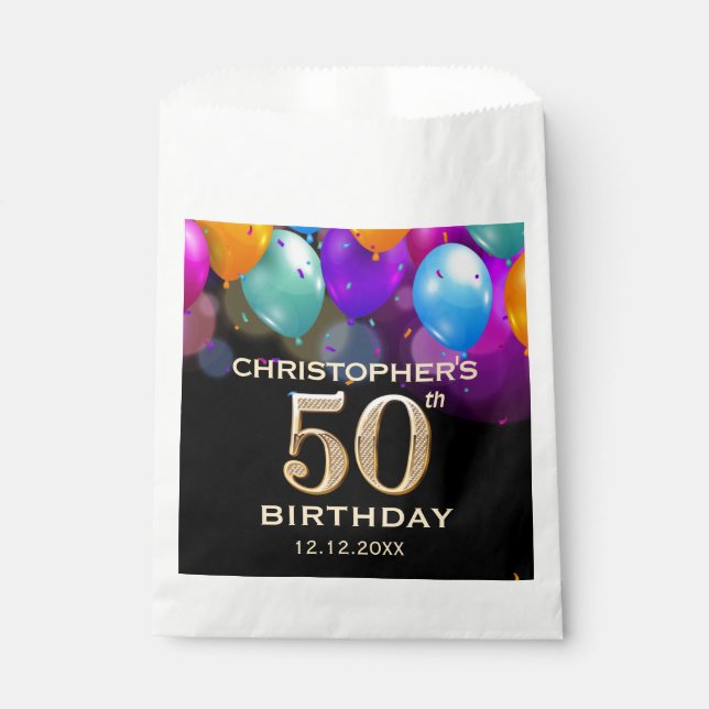 50th Birthday Party Black and Gold Balloons Favour Bag (Front)