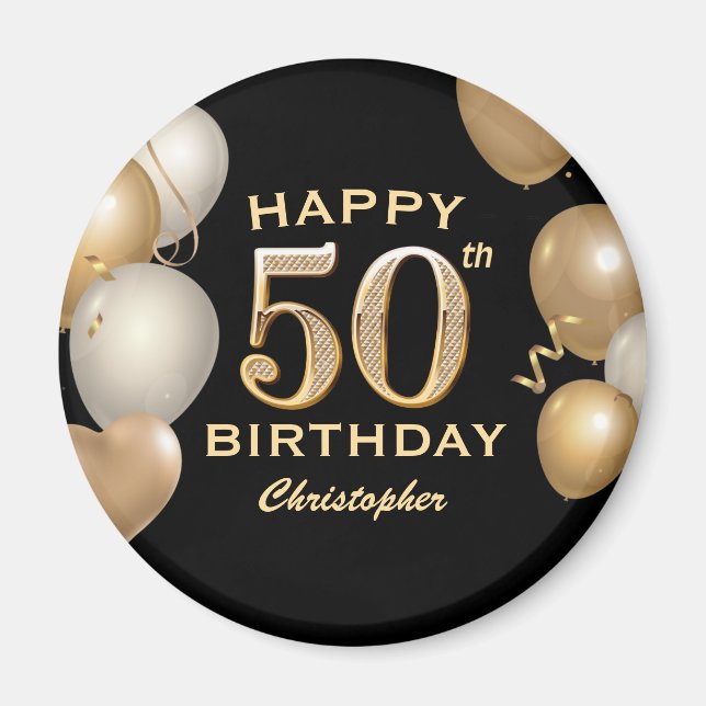 50th Birthday Party Black and Gold Balloons Magnet (Front)