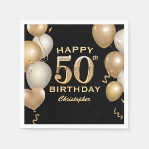 50th Birthday Party Black and Gold Balloons Napkin